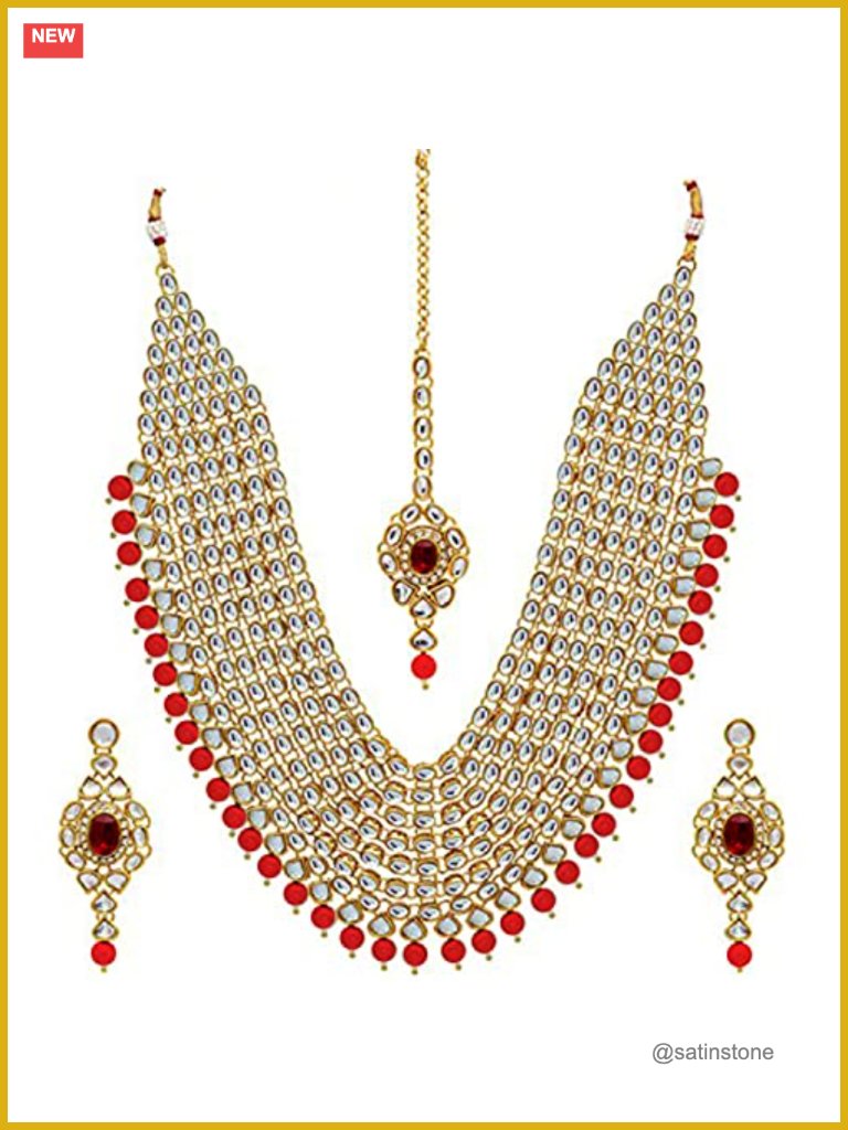 Faux Kundan Pearl Layered Jewelry Necklace Set With Maang Tikka & Earrings